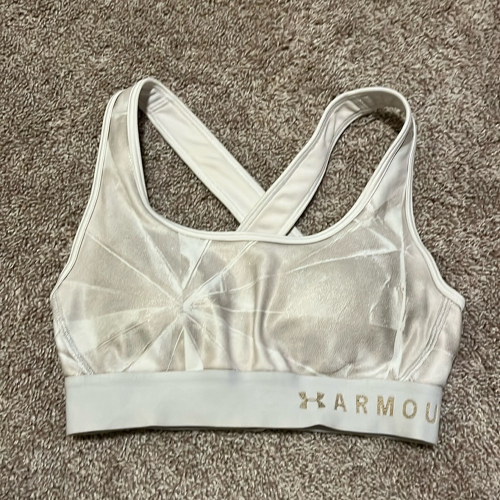 Under Armour Sports Bra, Size XS, gold and white